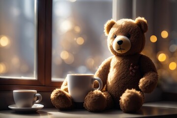 a cute bear sitting next to hot coffee mug on wooden table near window autumn leafs weather background
