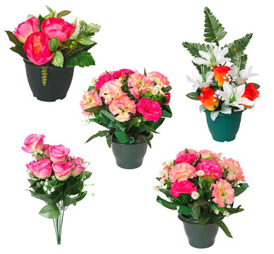 Compositions de fleurs artificielles en pot pour cimeti&egrave;re	