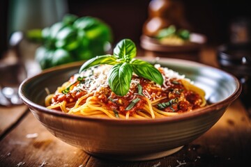 A bowl of spaghetti with sauce and basil on top