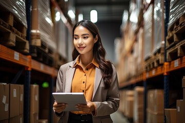 Portrait of asian woman business owner using digital tablet checking amount of stock product inventory on shelf bright, Generated with AI