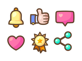 Game or just casual icons for your app. Bright remarkable UI elements. Good for animation. Like, share and others. Vector illustration for your business.