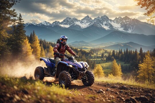 Off-road. A man drives through the marshy part of the forest. ATV. Travel through the forest