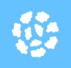 Puffy flat clouds circle. Abstract cartoon white clouds isolated on the blue background set, whether concept. Vector cartoon flat minimalistic background.