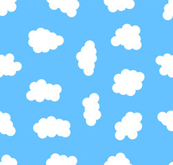 Puffy flat clouds pattern. Abstract cartoon white clouds isolated on the blue background set, whether concept. Vector cartoon flat minimalistic seamless pattern.