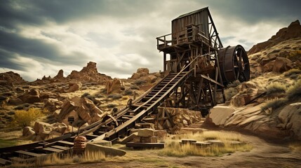An old abandoned mine from the gold rush period with a cart and a railway. Created with Generative Ai technology. - obrazy, fototapety, plakaty