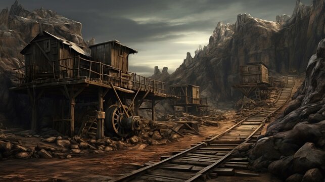 An old abandoned mine from the gold rush period with a cart and a railway. Created with Generative Ai technology.