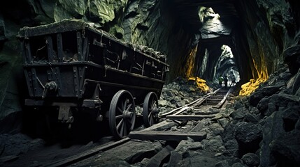 Fototapeta na wymiar An old abandoned mine from the gold rush period with a cart and a railway. Created with Generative Ai technology.