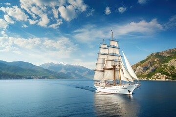 ship sailing on tranquil waters. Show the ship’s elegant profile against the backdrop of a serene sea and a clear sky.Generated with AI - obrazy, fototapety, plakaty