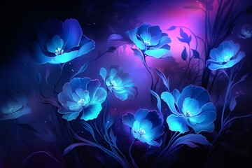 A vibrant backdrop depicting ethereal blue and purple neon flowers on a smoky design. Generative AI