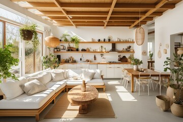 Eco-friendly white kitchen and living space featuring bamboo ceiling, potted plants, sustainable decor, ceramic floor, cozy sofa, and dining chairs. Generative AI