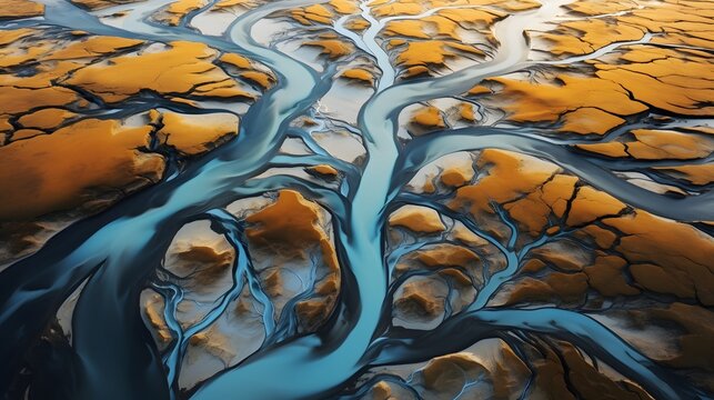 Aerial Photograph of a Glacial River Delta in Iceland with many meandering branches and veins, AI Generative