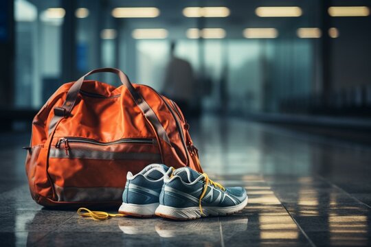 Athletic footwear and gym bag on floor. Generative AI