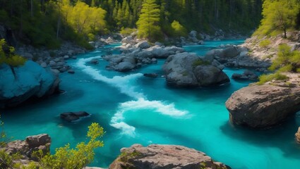 waterfall in the mountains running through forest blue water