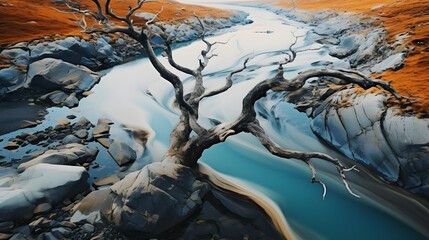 Aerial Photograph of a Glacial River Delta in Iceland with many meandering branches and veins, AI Generative