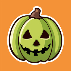 Green gradient Halloween Pumpkin with white outline and face expression vector illustration on orange background for stickers pack. Halloween night party concept. Holidays cartoon character, jack