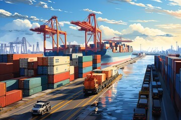 world of shipping transports. Depict a bustling port with cargo ships of various sizes and types, loading and unloading goods by cranes.Generated with AI