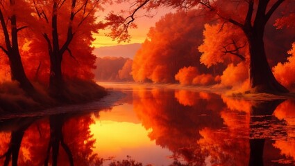 Naklejka premium Orange water river in autumn with trees bent over