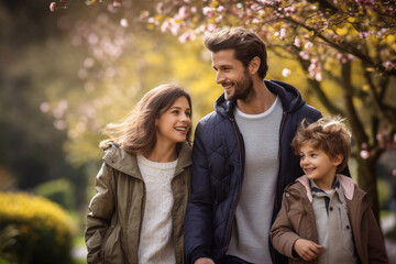 Happy family, hand in hand, walking through a picturesque park. Their smiles radiate love and togetherness as they enjoy quality time. Ai generated