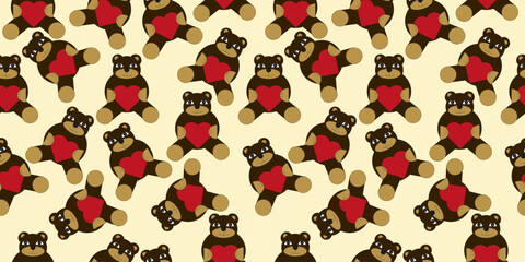 Cute toy bear cub with heart seamless pattern - cartoon - vector illustration.
