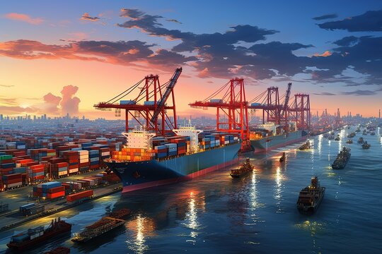 world of shipping transports. Depict a bustling port with cargo ships of various sizes and types, loading and unloading goods by cranes.Generated with AI