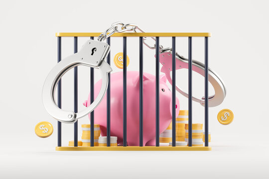 Prison cell with piggy bank and money arrest, metal handcuffs