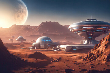 Fototapeta na wymiar Modern Scientific Station on Red Desert of Mars, futuristic science laboratory on the surface of planet Mars landscape