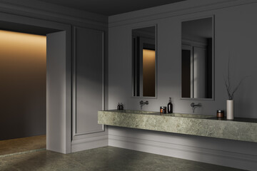 Classical grey home bathroom interior with double sink and bath accessories