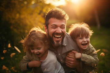 Fototapeta premium Happy dad engaged in playful activities with his children. They are all smiles, savoring the pure joy of precious moments spent together. Ai generated