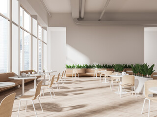 Modern cafe interior with tables and chairs in row, eating space with window