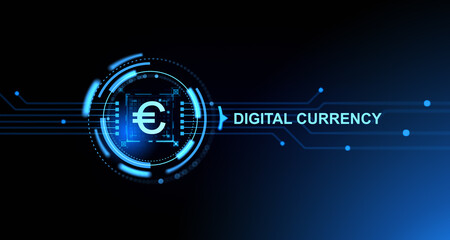 Glowing euro symbol and circuit board, digital currency hologram