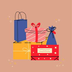 Vector illustrations of gifts in retro style.Gifts,surprises,gift wrapping.Gifts for the holiday.