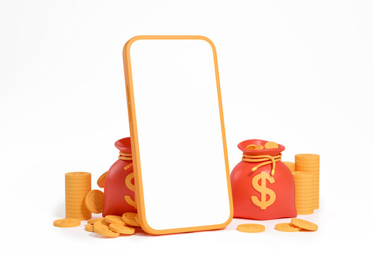 Phone mockup display with money bag and stack of coins