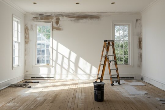 Empty room with ladder, painting tools, white walls, and worn wood floors. Generative AI