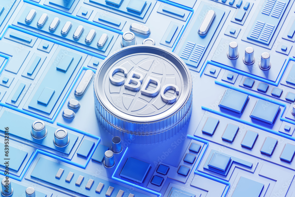 Poster top view of cbdc and circuit board with tech components, digital currency