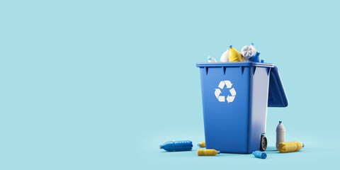 Blue trash container with plastic bottles, empty blue background