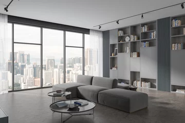 Photo sur Plexiglas Kuala Lumpur Grey living room interior with couch and shelf with decoration, panoramic window