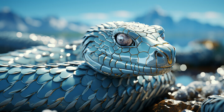 Schlange in sch&ouml;nen blauen futuristischen Farbton Nahaufnahme, ai generativ