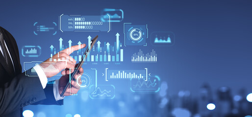 Businessman finger touch tablet, business dashboard chart with statistics