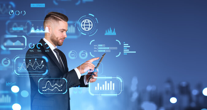 Businessman finger touch smartphone, business data dashboard hologram icons