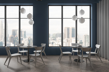 Blue and wooden cafe interior with windows