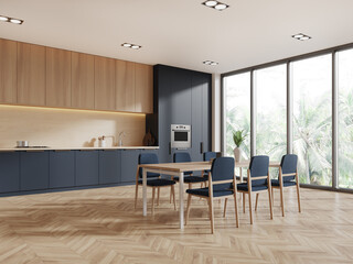Stylish home kitchen interior with cooking and eating corner, panoramic window