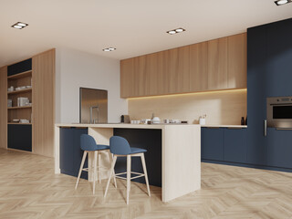 White, blue and wooden kitchen corner with island