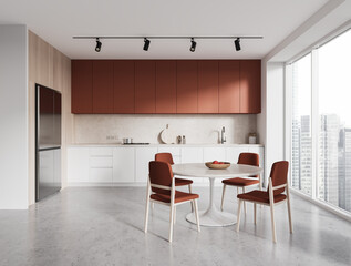 Luxury home kitchen interior with cooking and eating space, panoramic window