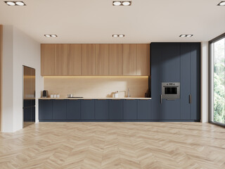 White, blue and wooden kitchen interior with fridge