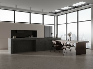 Stylish home kitchen interior with stone bar counter and table, window