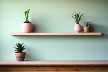 Produkt Präsentationsfläche auf einem Regal aus Holz dekoriert mit Pflanzen in Pastell Pink Übertöpfen vor einer Wand in Hellgrün. - 639533872