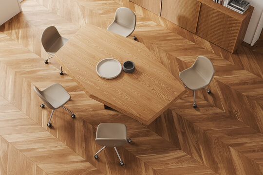 Top vie wof modern meeting room interior with dining table and chairs, decoration