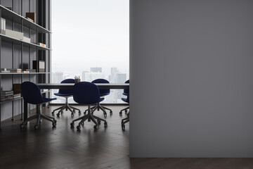 Grey meeting interior with table and chairs, panoramic window. Mockup wall