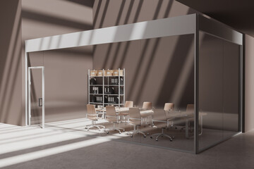 Brown glass meeting room interior with board and chairs, shelf with folders