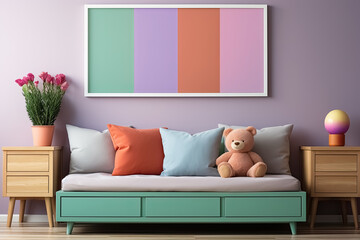 Sofa skandinavischer Stil in hellgrün, mit Kissen und einem Teddy, darüber ein Panoramabild mit Winterfarben Hellgrün, Lavendel, Pfirsich, Pink vor einer Wand in Magenta. Interior Design - 639534078